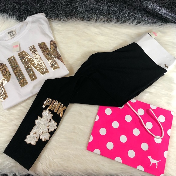 PINK Victoria's Secret Pants - VS PINK embroidered sequin leggings